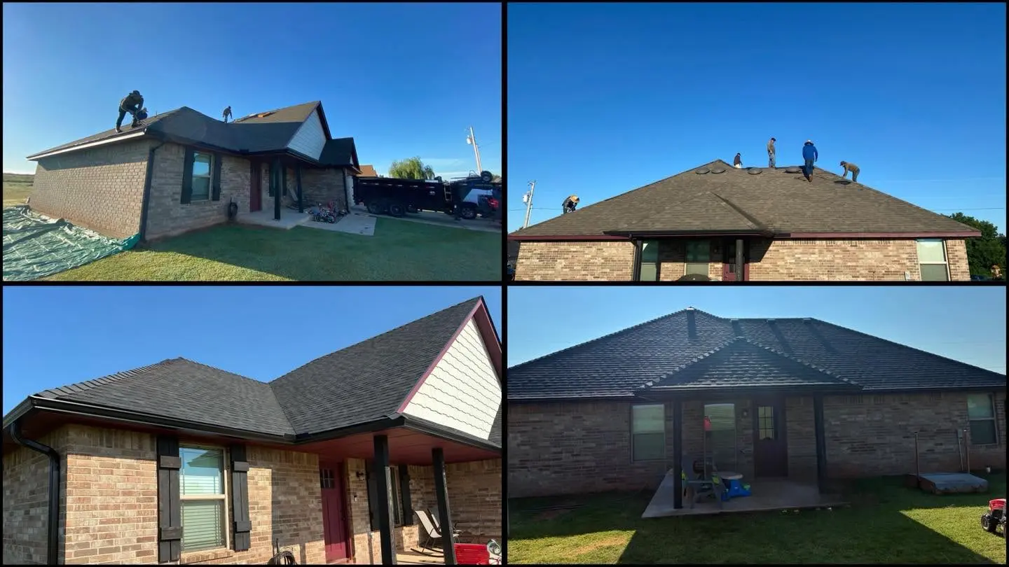 I&J roofing crew working on a residential roof with completed roof views