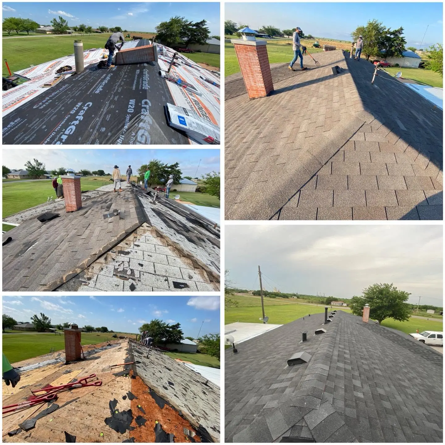 Roofing installation sequence showing removal, underlayment, crew work, and finished shingles